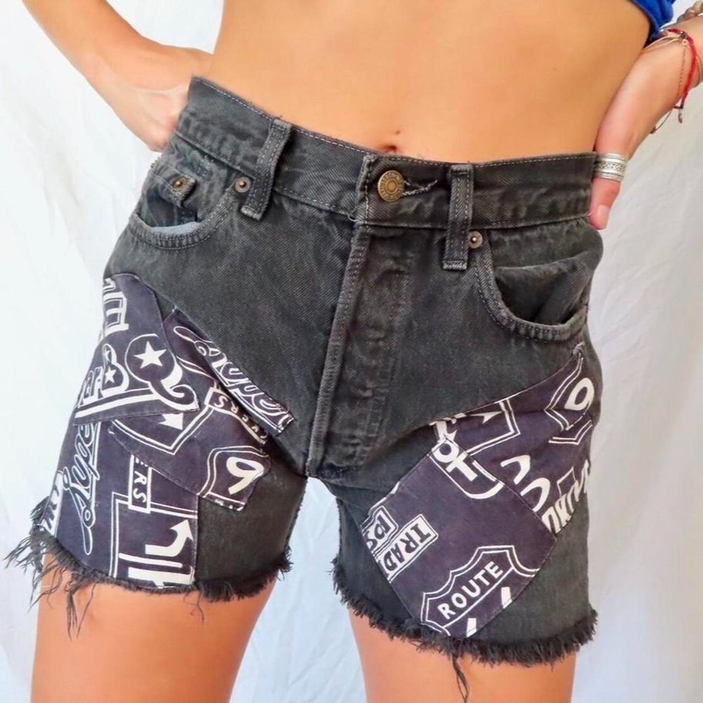 Distressed Black Label Patchwork Levi Shorts Size… - image 1